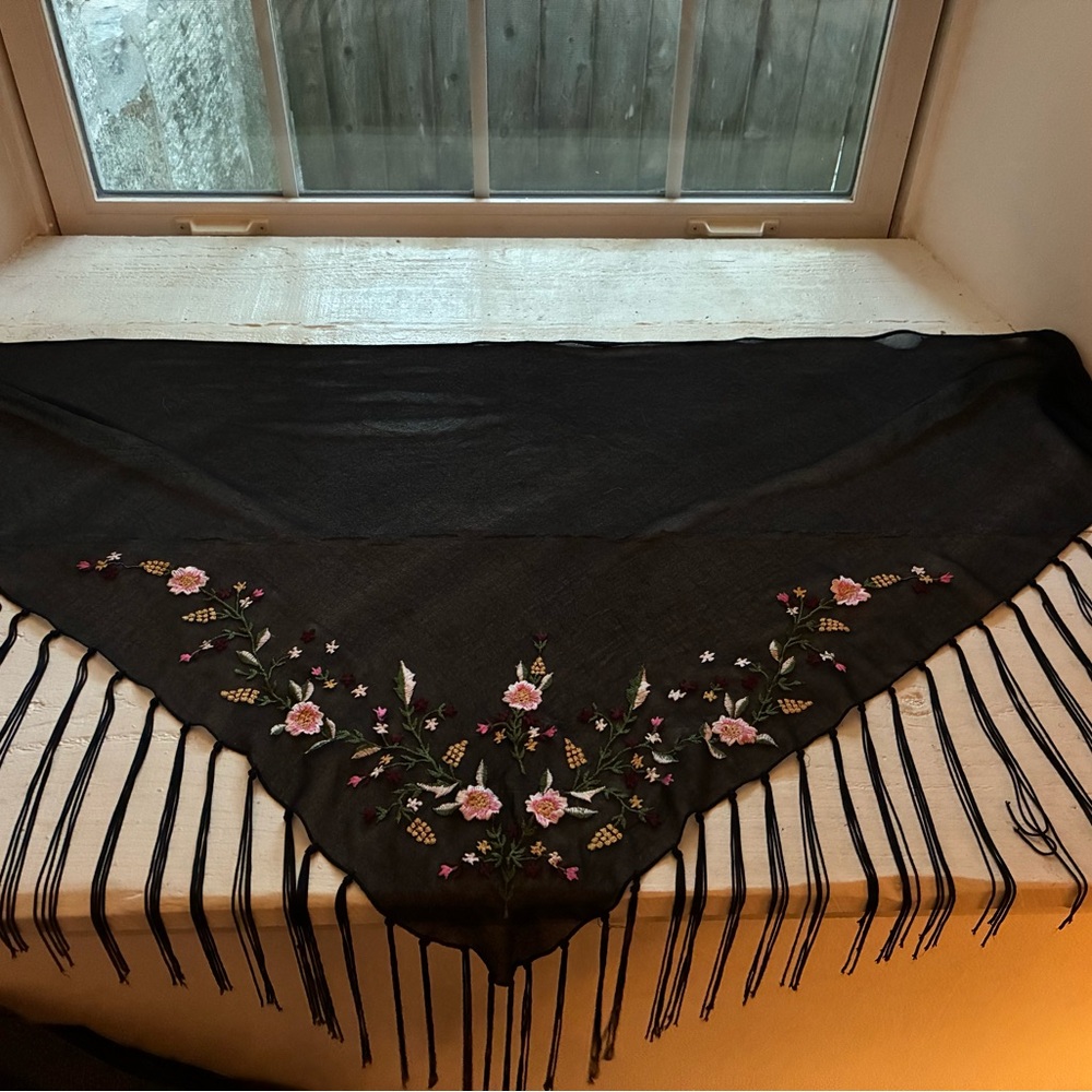 Black floral embroidered manila shawl